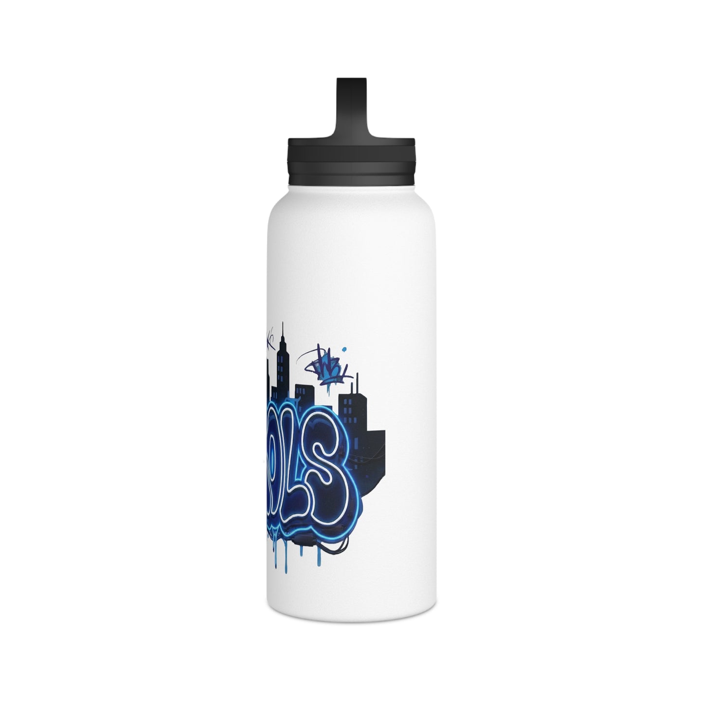 Graffiti City Stainless Steel Water Bottle — Urban Skyline Handle Lid, Blue Street Art Design
