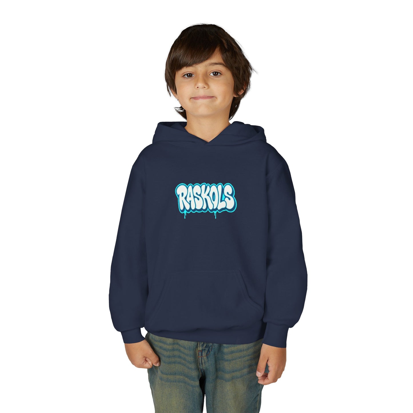 Raskols Youth Hoodie — Retro Blue Graffiti Logo