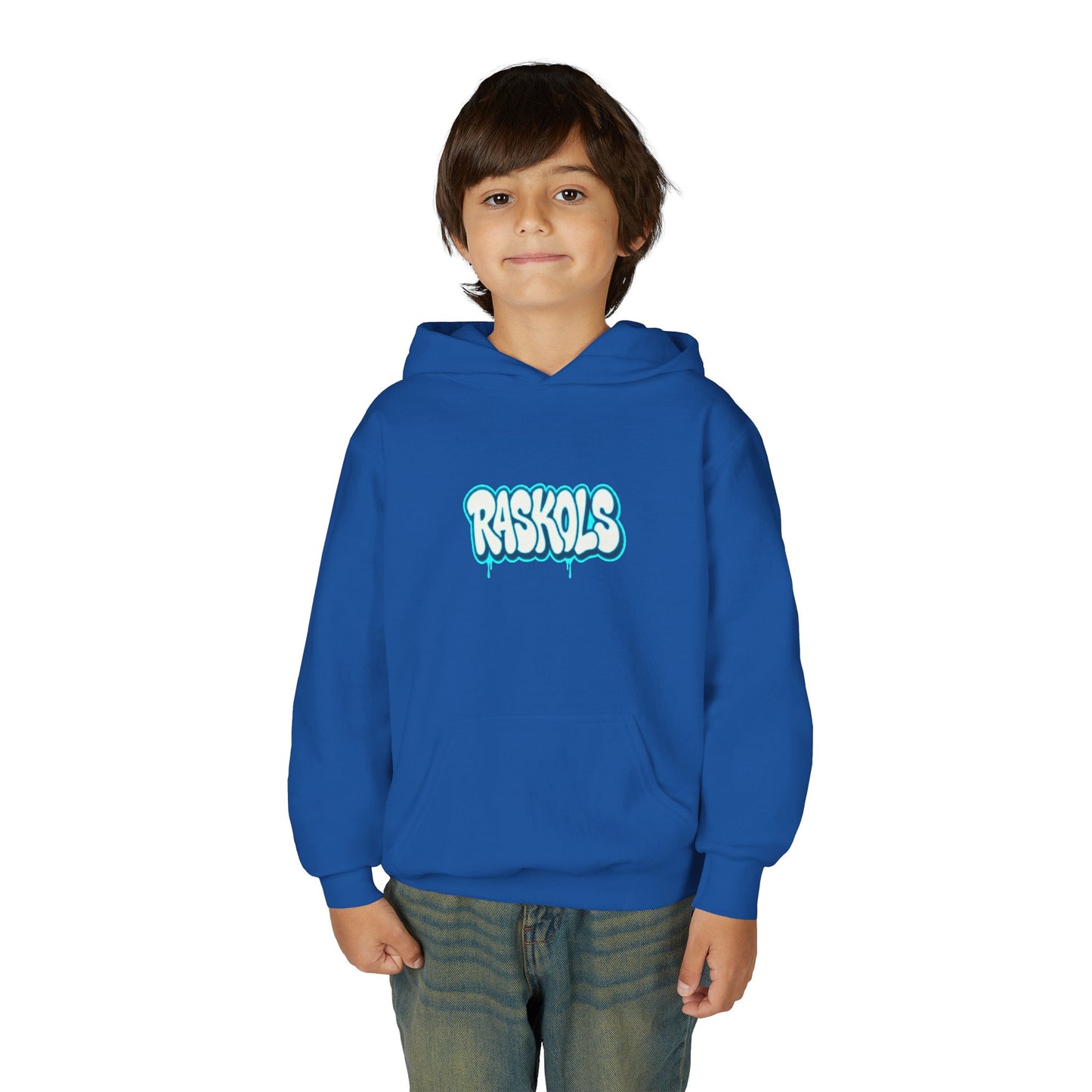 Raskols Youth Hoodie — Retro Blue Graffiti Logo